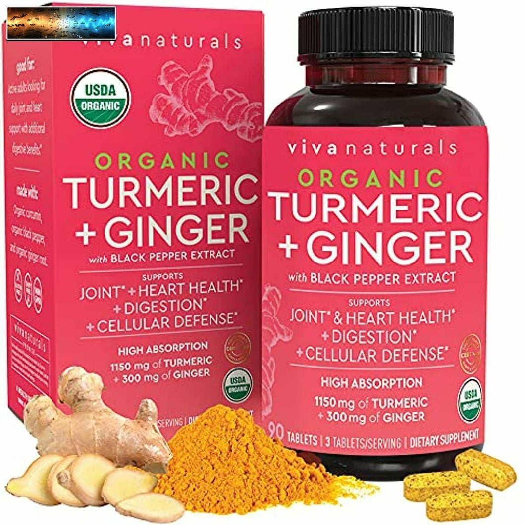 Organic Turmeric and Ginger Supplement (90 Tablets) 95% Curcuminoids with Blac