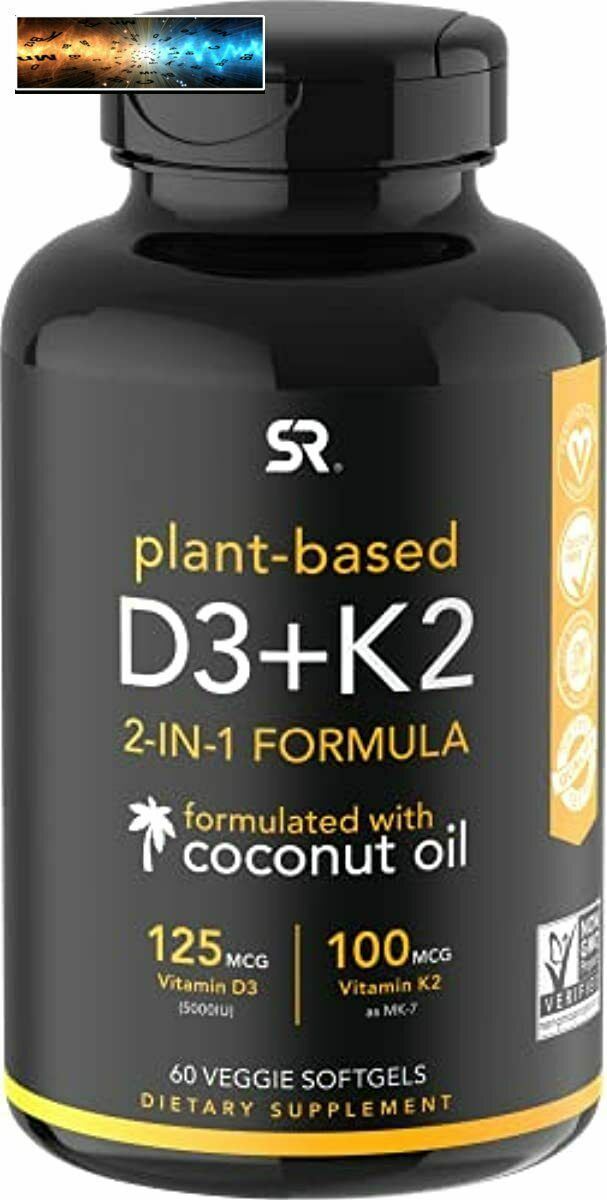 Vitamin D3 + K2 with Organic Virgin Coconut Oil | -Based Vegan D3 (5000iu) with