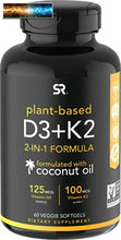 Load image into Gallery viewer, Vitamin D3 + K2 with Organic Virgin Coconut Oil -Based Vegan d3 (5000iu)
