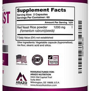 Arazo Nutrition Red Yeast Rice Extract for Heart Health 1200 mg 120 Veg Caps
