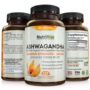 NutriRise Ashwagandha 1300mg Organic Root Powder & Black Pepper Extract 120 Caps