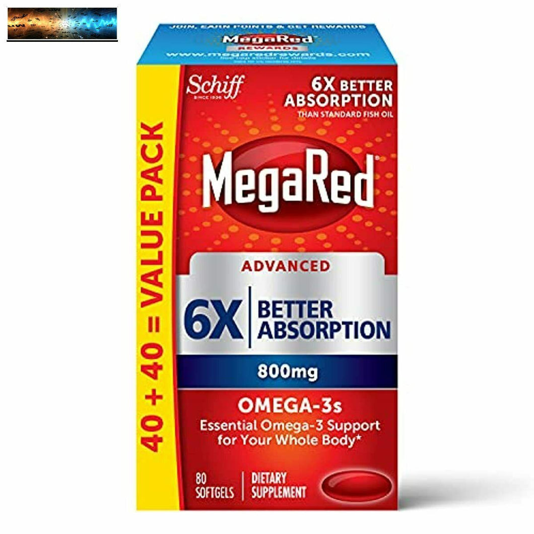 MegaRed Omega-3 Fish Oil Supplement 800mg - Advanced 6X Absorption Softgels (80