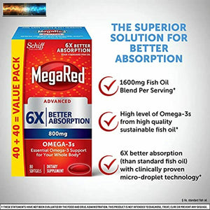 MegaRed Omega-3 Fish Oil Supplement 800mg - Advanced 6X Absorption Softgels (80