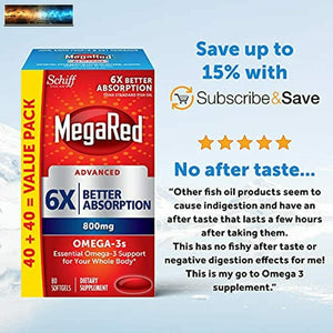 MegaRed Omega-3 Fish Oil Supplement 800mg - Advanced 6X Absorption Softgels (80