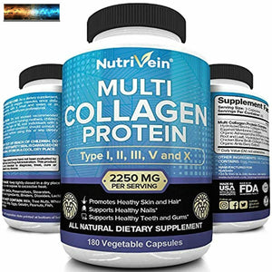 Nutrivein Multi Collagen Pills 2250mg - 180 Collagen Capsules - Type I, II, III,