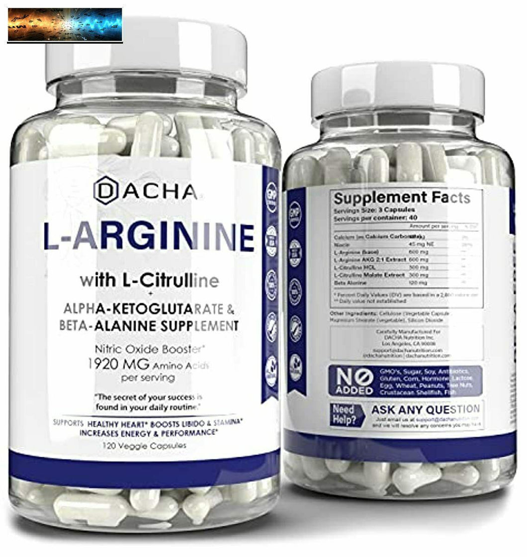 Premium L Arginine Pills 1920 MG - 120 VCAPS AAKG Nitric Oxide Precursor, L-Citr