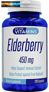 Elderberry 450mg - 200 Capsules - Super Immune Defense get Berry and Flower Flav