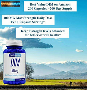 DIM 100mg 200 Capsules - 200 Day Supply - Diindolylmethane DIM Supplement for Su