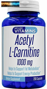 Acetyl L-Carnitine 1000mg (per Serving, 100 Servings) 200 Capsules - 100 Day Sup