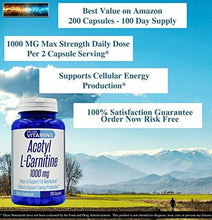 Load image into Gallery viewer, Acetyl L-Carnitine 1000mg (per Serving, 100 Servings) 200 Capsules - 100 Day Sup
