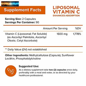 NutriFlair Liposomal Vitamin C 1600mg, 180 Capsules - High Absorption, Fat Solub