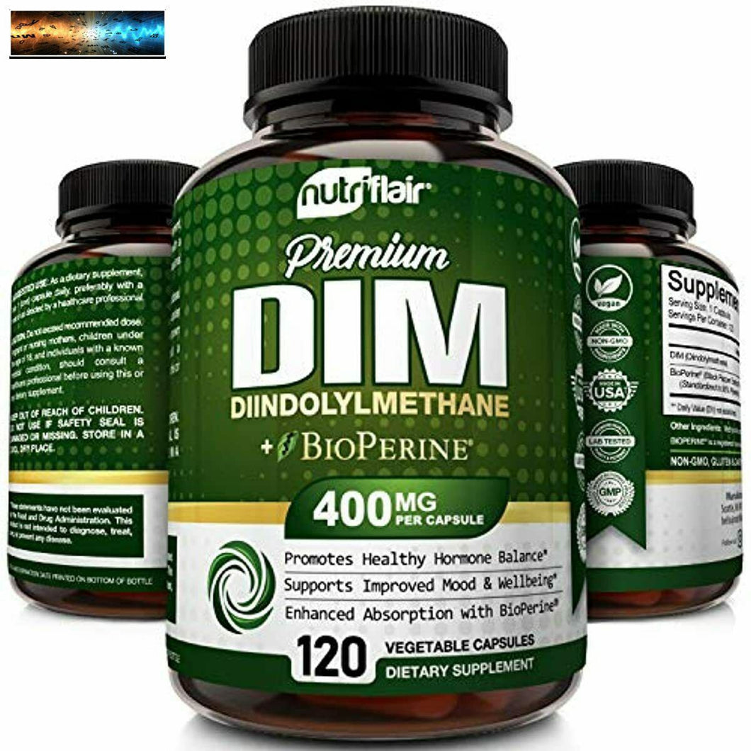 NutriFlair DIM Supplement 400mg with Bioperine, 120 Capsules - Diindolylmethane