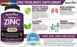 Nutrivein Premium Zinc Picolinate 100mg - 120 Capsules - Immunity Defense Boosts