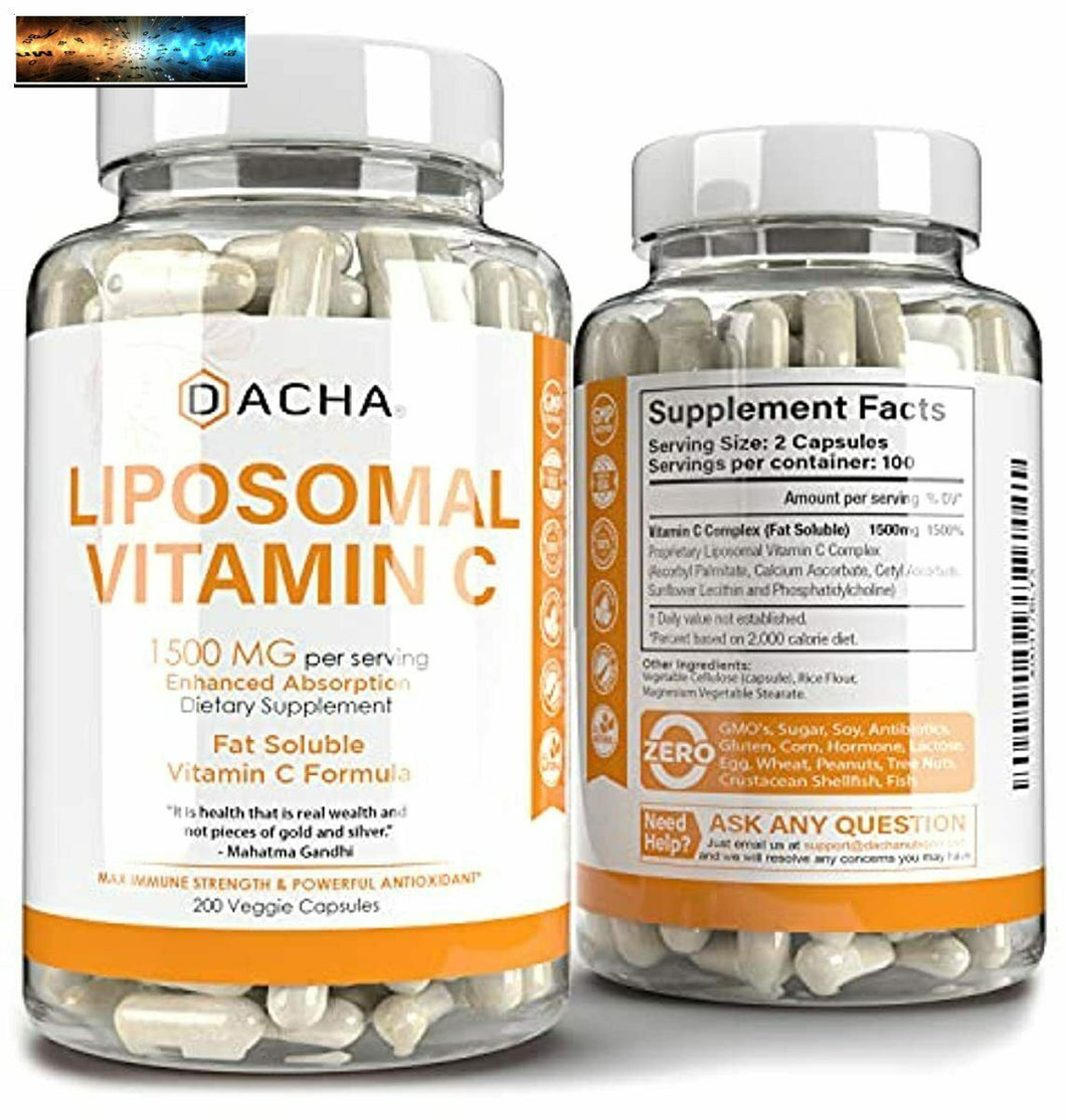 Natural Liposomal Vitamin C - 200 Capsules, 1500mg, Immune System & Collagen Boo