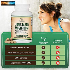 Lions Mane Mushroom Capsules (Two Month Supply - 120 Count) Vegan Supplement - N