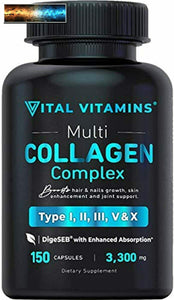 Vital Vitamins Multi Collagene Complesso - Tipo I,II, III, V, X, Erba Fed ,