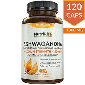 Nutririse Ashwagandha 1300mg Biologico Radice Polvere & Pepe Nero Estratto 120