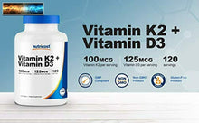 Carica l&#39;immagine nel visualizzatore di Gallery, Nutricost Vitamin K2 (MK7) (100mcg) + Vitamin D3 (5000 Iu ) 120 Softgel - Gluten
