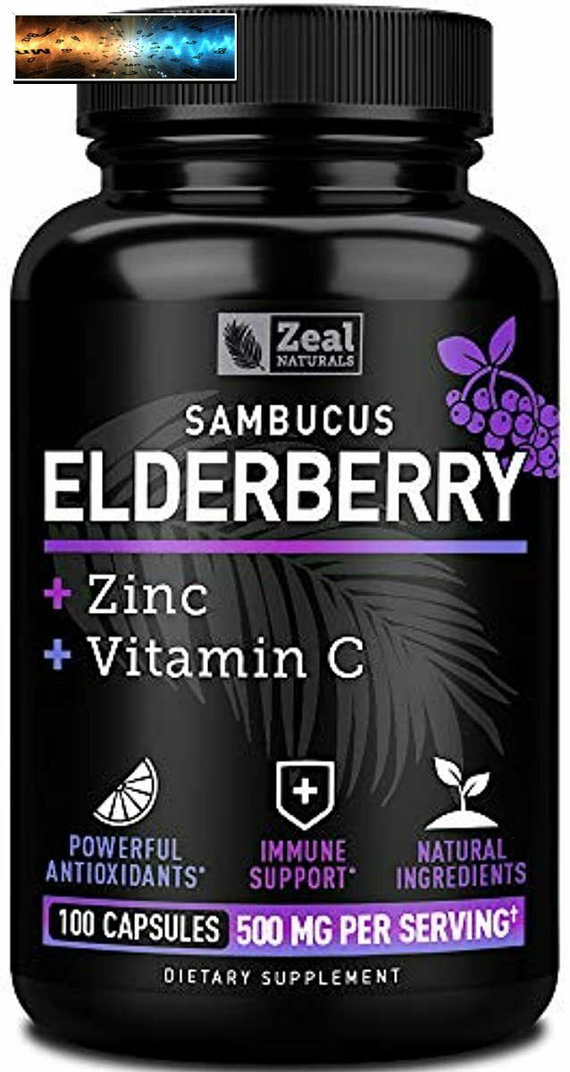 Elderberry Capsules + Vitamin C with Zinc (100 Count 500mg) 3-in-1 Immune Boos