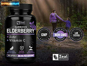 Elderberry Capsules + Vitamin C with Zinc (100 Count 500mg) 3-in-1 Immune Boos