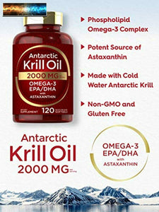 Antarctic Krill Oil 2000 mg 120 Softgels Omega-3 EPA, DHA, with Astaxanthin Su