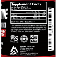 Carica l&#39;immagine nel visualizzatore di Gallery, Arazo Nutrition L-Carnitine 1000mg Servings – Carnitine Amino Acid 120 Tablets
