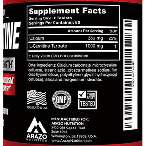 Arazo Nutrition L-Carnitine 1000mg Servings – Carnitine Amino Acid 120 Tablets