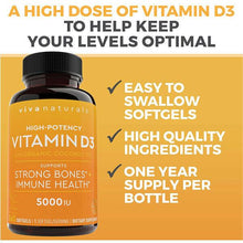 將圖片載入圖庫檢視器 Viva Naturals Vitamin D3 for Immune Support High-Potency 5000 IU 360 Softgels
