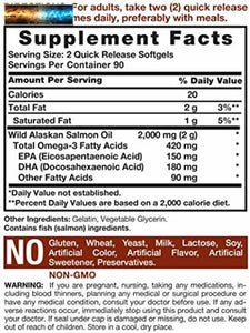 Wild Alaskan Salmon Fish Oil 2000 mg | 180 Softgel Capsules | Gluten Free, Non-G