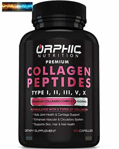 Premium Collagen Peptides Capsules 1500mg - Types I, II, III, V, X - Promotes Ha