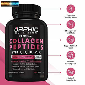 Premium Collagen Peptides Capsules 1500mg - Types I, II, III, V, X - Promotes Ha