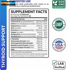 Thyroid Support with Iodine (120 Capsules & Non-GMO) Improve Your Energy & Incre