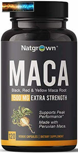 Organic Maca Root Powder Capsules 1500 mg with Black + Red + Yellow Peruvian Mac