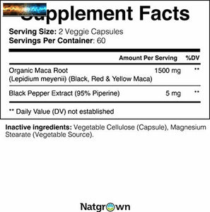 Organic Maca Root Powder Capsules 1500 mg with Black + Red + Yellow Peruvian Mac