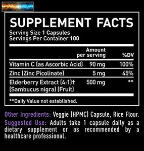 Elderberry Capsules + Vitamin C with Zinc (100 Count | 500mg) 3-in-1 Immune Boos