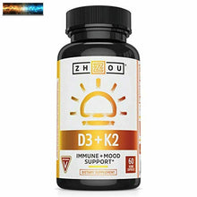 Load image into Gallery viewer, Zhou Nutrition Vitamin D3 K2, Bone and Heart Health Formula Immune Support Veget
