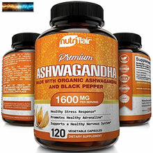 이미지를 갤러리 뷰어에 로드 , NutriFlair Organic Ashwagandha Capsules 1600mg with Black Pepper, 120 Vegan Pill
