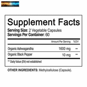 NutriFlair Organic Ashwagandha Capsules 1600mg with Black Pepper, 120 Vegan Pill