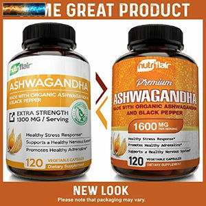 NutriFlair Organic Ashwagandha Capsules 1600mg with Black Pepper, 120 Vegan Pill