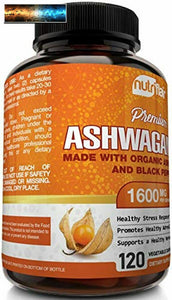 NutriFlair Organic Ashwagandha Capsules 1600mg with Black Pepper, 120 Vegan Pill