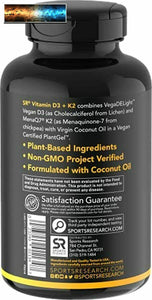 Vitamin D3 + K2 with Organic Virgin Coconut Oil | -Based Vegan D3 (5000iu) with