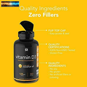 Vitamin D3 5000iu (125mcg) with Coconut Oil ~ High Potency Vitamin D for Immune