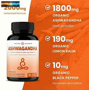 Organic Ashwagandha 2000mg with Lemon Balm & Black Pepper Extract - Ashwaganda R