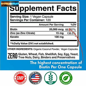 Biotin 20,000mcg with Keratin, Organic Coconut and Zinc, Hair Growth Supplements