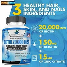 Load image into Gallery viewer, Biotin 20,000mcg with Keratin, Organic Coconut and Zinc, Hair Growth Supplements
