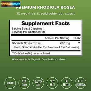 Rhodiola Rosea Supplément 600mg - 120 Capsules Sibérien Root Extrait 3%