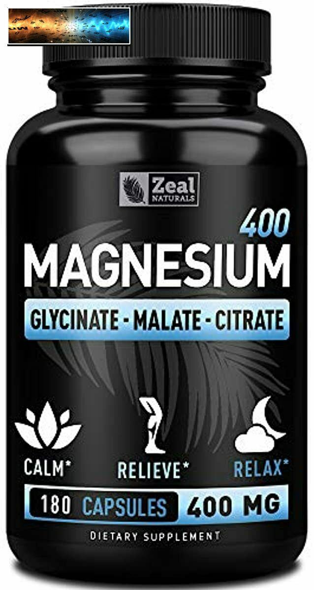 Premium Chélaté Magnésium Glycinate, Malate, Citrate (400mg 180 Capsules) Max