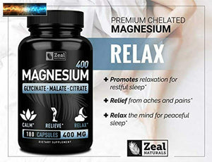 Premium Chélaté Magnésium Glycinate, Malate, Citrate (400mg 180 Capsules) Max