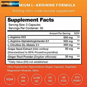 Premium ARGININE 1500mg Oxyde Nitrique Supplément - Extra Force Pour Énergie, M