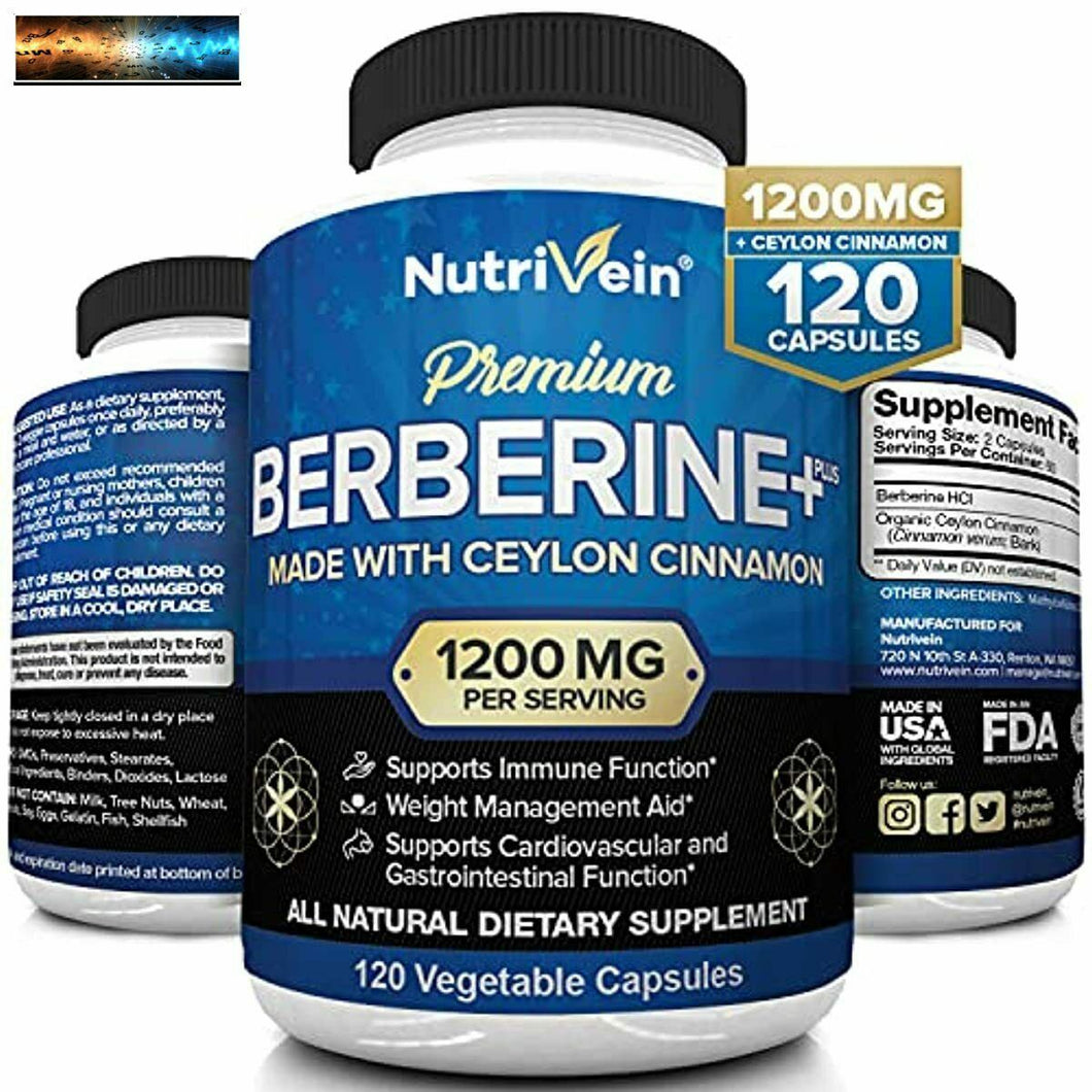 Nutrivein Premium Berberin Hcl 1200mg Plus Organisch Ceylon Zimt - 120 Capsul